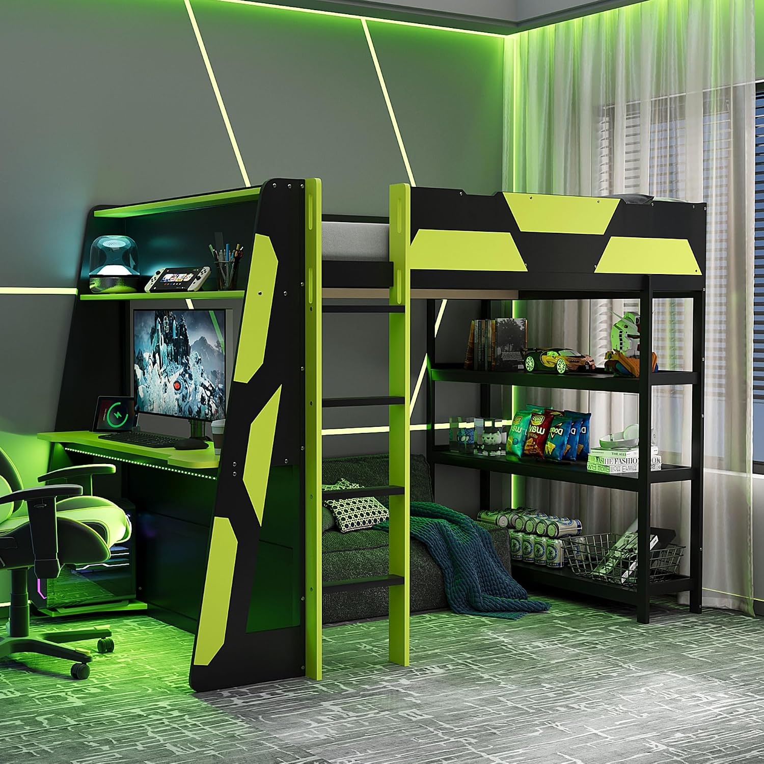 Gaming Desk With Hutch - Full Size Gaming Loft Bed with